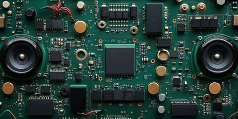 Fototapeta premium Closeup of green electronic circuit board with radio parts and chip processors background