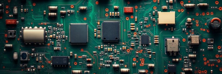Closeup of green electronic circuit board with radio parts and chip processors background