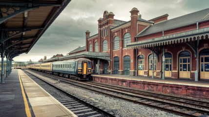 Fototapeta premium A photo of a vintage train station with a train. The station has multiple tracks and platforms. There are several trains parked on the tracks. The station has a red brick building