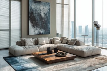 Fototapeta premium Modern living room with a cozy sectional and city view.