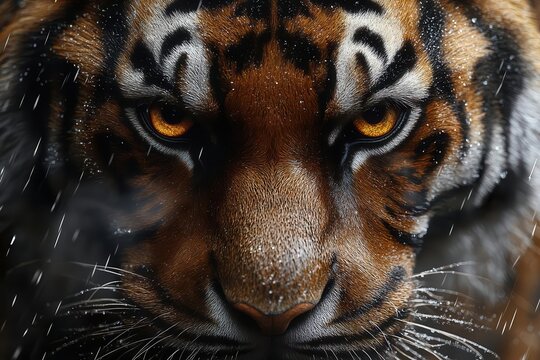fierce tiger face fills frame piercing eyes locked on viewer hyperrealistic fur detail dramatic lighting enhances predatory intensity blending photorealism with surreal color accents