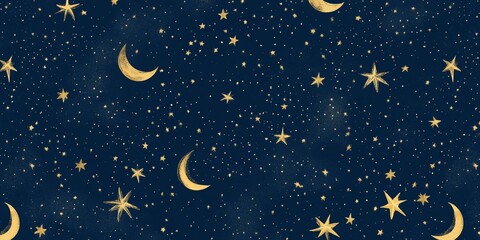 Fototapeta premium Golden crescent moon and stars on dark blue background.