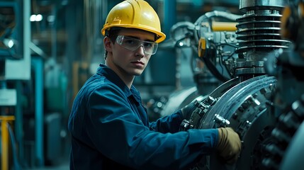 Young male industrial worker in safety gear operating machinery.