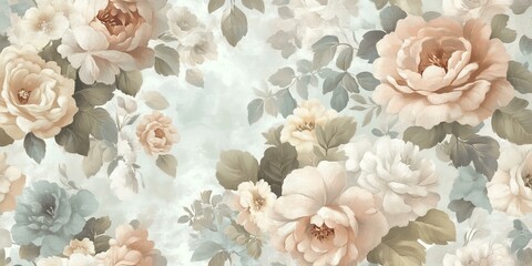 Fototapeta premium Floral painting with soft hues and green leaves.