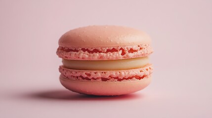 A single, peach-colored macaron with white filling, on a pink background.