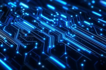 Obraz premium Abstract blue neon lines in a digital circuitry pattern, blue neon lines on a dark background 