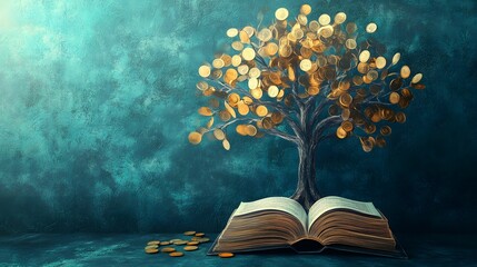 An artistic depiction of a tree made of golden coins growing from an open book, symbolizing knowledge, wealth, and financial growth.