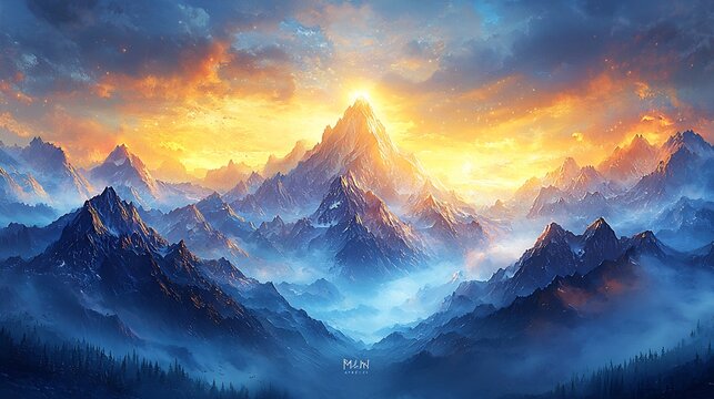 Semiabstract mountain range with peaks dissolving into bright beams of light representing the majesty and timelessness of nature