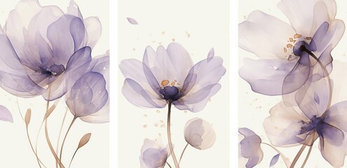 Set of Three Minimalist Posters Featuring Watercolor Purple Flowers on White Background, with Thin Golden Lines and Simple Designs. Elegant and Modern Art for Stylish Decor.


