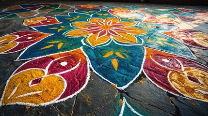 Vibrant Bharani Kolam rice flour patterns from India