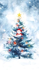 Obraz premium Christmas tree with Santa Claus and snowflakes in the background, watercolor illustration on a white background