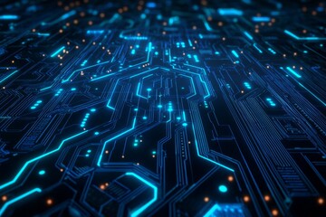 Abstract blue neon lines in a digital circuitry pattern, blue neon lines on a dark background 