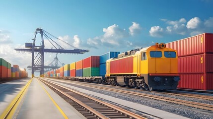 Fototapeta premium A brightly colored freight train loaded with containers at a busy shipping terminal, with large cranes in the background on a sunny day.
