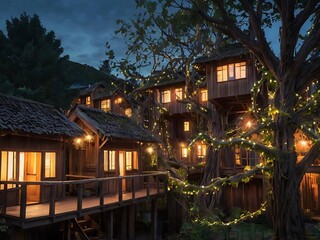 Surreal Tree-Branch City With Twilight Glow and Creatures