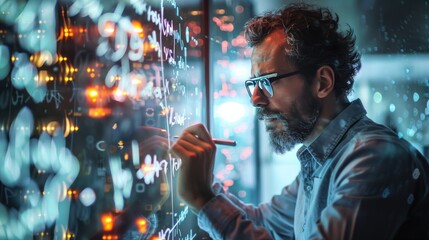 Contemplative man writing mathematical formulas on modern glass board at night
