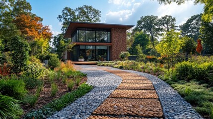 Fototapeta premium Modern house with a landscaped pathway and lush greenery.
