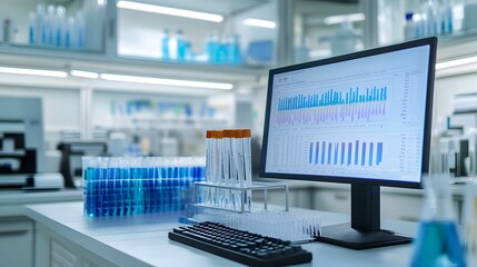 A high-tech laboratory with test tubes and a computer displaying data analysis, representing scientific research and experimentation in a sterile environment.