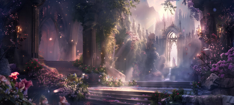 Enchanting fantasy landscape with mystical ruins and glowing sunlight