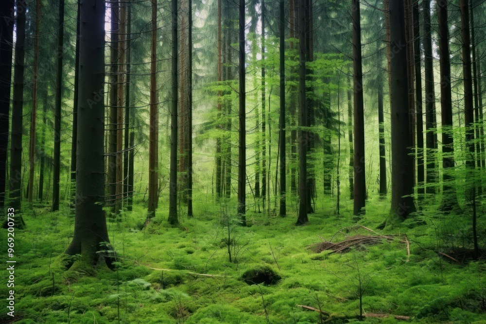 Poster forest with tall green trees nature vegetation wilderness.