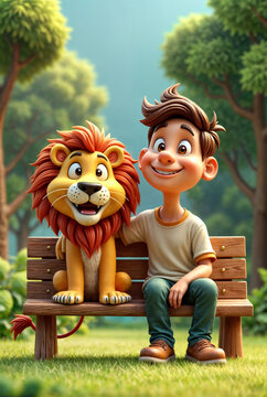 Imagen de dibujos animados en 3D de un un hombre junto a un leon, sentados en un banco-01