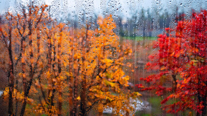 It's raining outside, there are raindrops on the glass