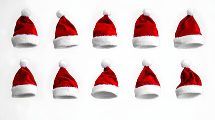 set collection of red santa claus christmas hat seasonal design pattern isolated white background