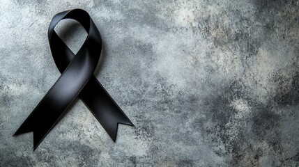 A black ribbon on a textured gray background.