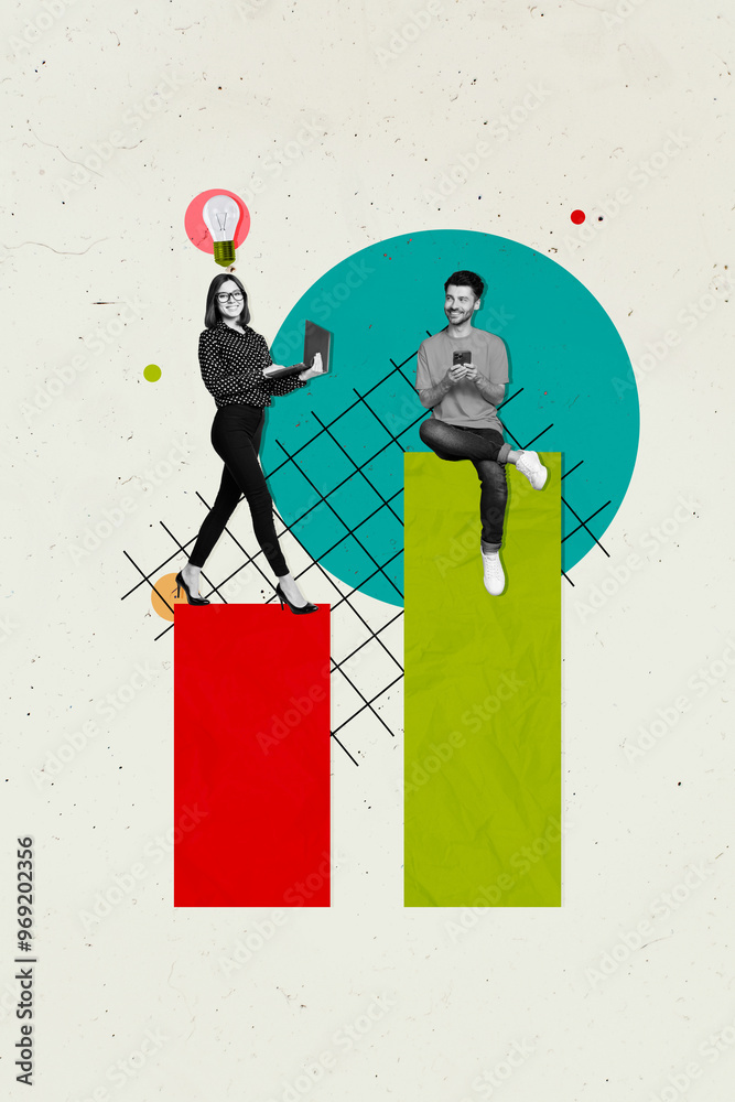 Poster creative template image picture collage of people on graphs use gadget for business idea