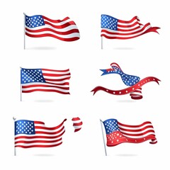 Various American flags waving with vibrant colors and dynamic designs.