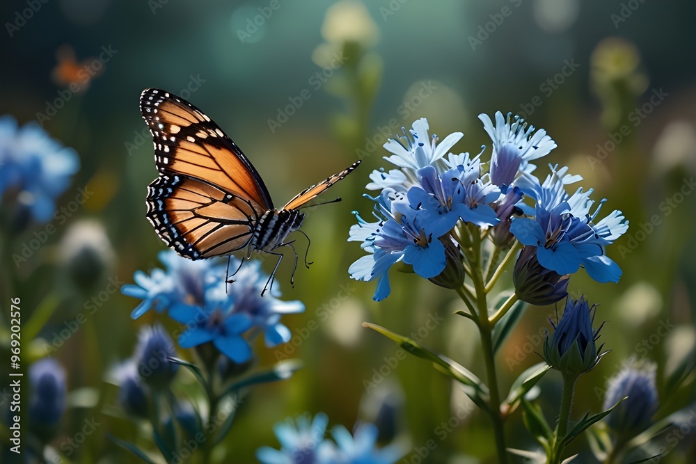 Wall mural wild light blue flowers in field and two fluttering butterfly on nature outdoors, close-up macro. ma