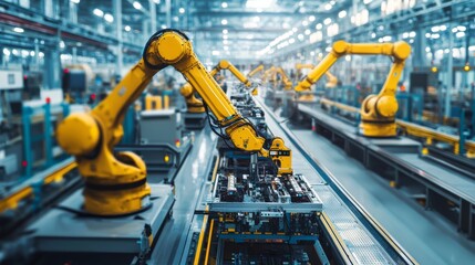An industrial plant with AI-controlled robotic arms assembling machinery on a sleek production line