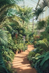 Cutaway of a botanical garden conservatory displaying exotic plants and pathways