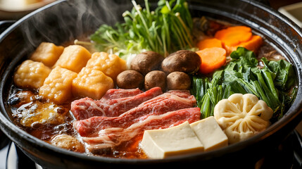 A detailed shot of a Japanese hotpot filled with vegetables, mushrooms, tofu, and thin slices of beef, with the broth gently simmering