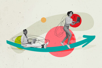 Creative trend collage of arrow point running female teamwork colleagues businesspeople weird freak...