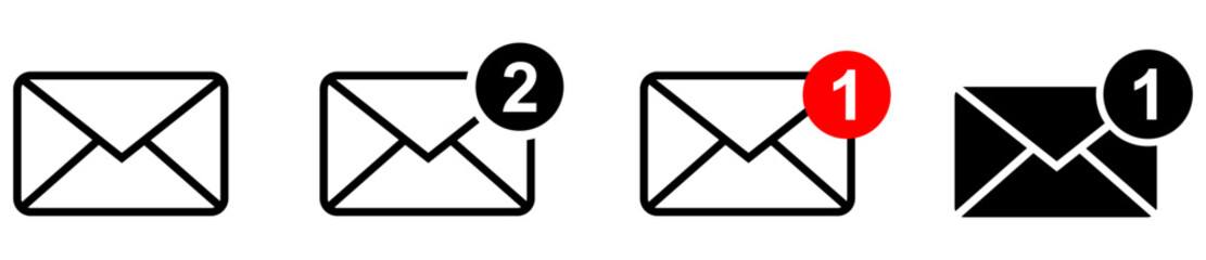 Email icon vector set features envelopes, notifications, and at symbols. Ideal for messaging apps, communication designs, and email marketing
