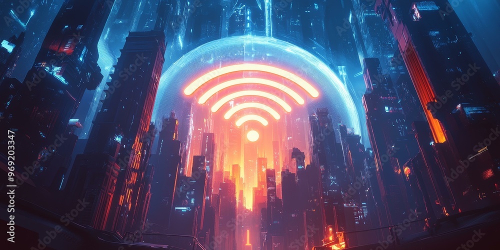 Wall mural futuristic cityscape with glowing wifi symbol.