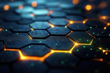 Fototapeta premium futuristic green hexagonal pattern on black background glowing neon edges creating depth and dimension abstract technological concept with honeycomblike structure