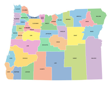 Oregon, U.S. state, subdivided into 36 counties, multi colored political map with capital Salem, borders and county names. State in the Pacific Northwest region of the United States. The Beaver State.