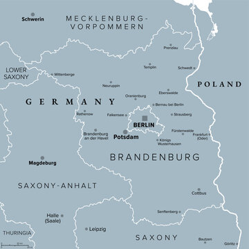 Brandenburg, a state in northeastern Germany, gray political map with capital and largest city Potsdam, borders and largest cities. Brandenburg surrounds the national capital and city-state of Berlin.