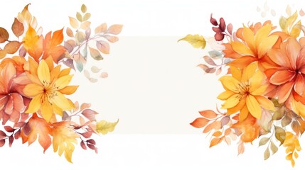 Autumn leaves frame on warm watercolor background. Elegant design for invitations and greetings cards with space for text. Copy space