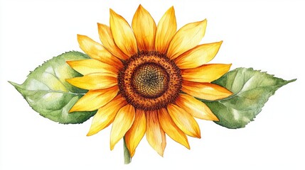 Fototapeta premium Watercolor Sunflower Art with Lush Green Leaves