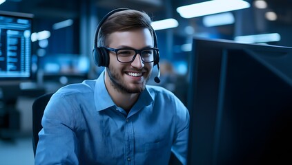 Fototapeta premium A young, successful call center manager in a headset works on a computer, engaging in video calls with customers or staff. Idea of a helpline.