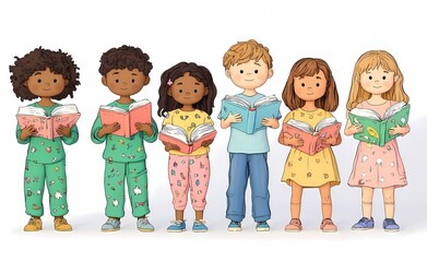 Diverse group of children joyfully reading books together in colorful pajamas.