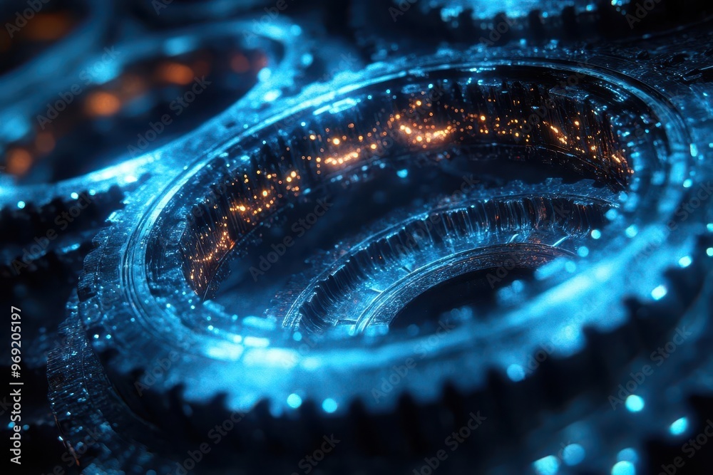 Wall mural futuristic mechanical cogs intertwined in a dark void illuminated by neon blue light abstract 3d sha