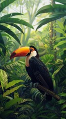 Obraz premium An illustration of a vibrant toucan with a bold beak and colorful feathers perched on a tree branch in a lush rainforest, depicting a lively scene.
