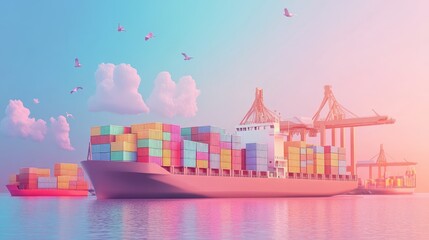 Fototapeta premium 3D rendered import-export logistics in pastel tones, flat design, visualizing global cargo transport