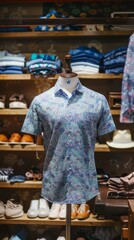 A men's clothing store features a blue shirt on a mannequin, surrounded by various clothing items and shoes in blue shades and patterns. The store offers a wide range of men's apparel