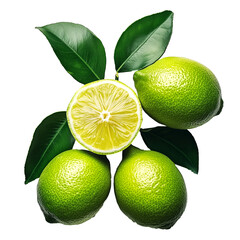 Fresh limes with green leaves perfect for citrus designs, recipes, and refreshing visuals

, Cutout, Isolated on White Background