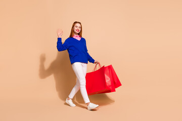 Full size profile photo of nice young woman walk hold bags arm wave wear pullover isolated on beige color background