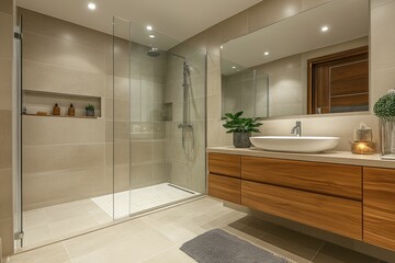 Fototapeta premium Modern bathroom with glass shower, wooden vanity, and stylish decor.